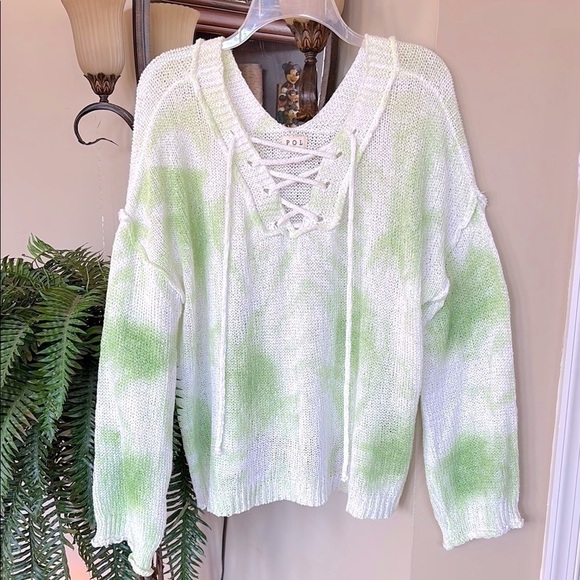 NWOT POL White & Mint Green Lace Up V-Neck Oversized Knit Sweater Casual Spring - Picture 13 of 13